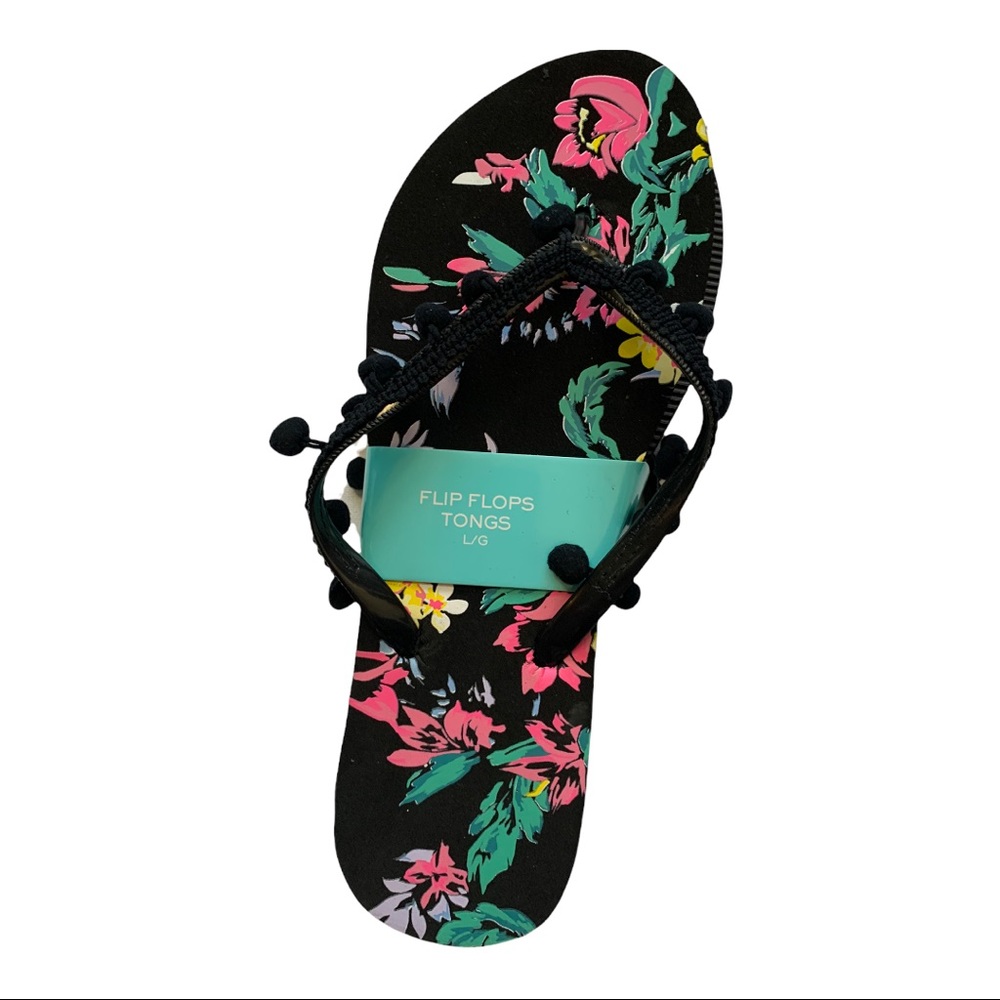 5/$25 NWT Tropical Black Floral Pompom Beach Flip Flop Tong Sandals Large